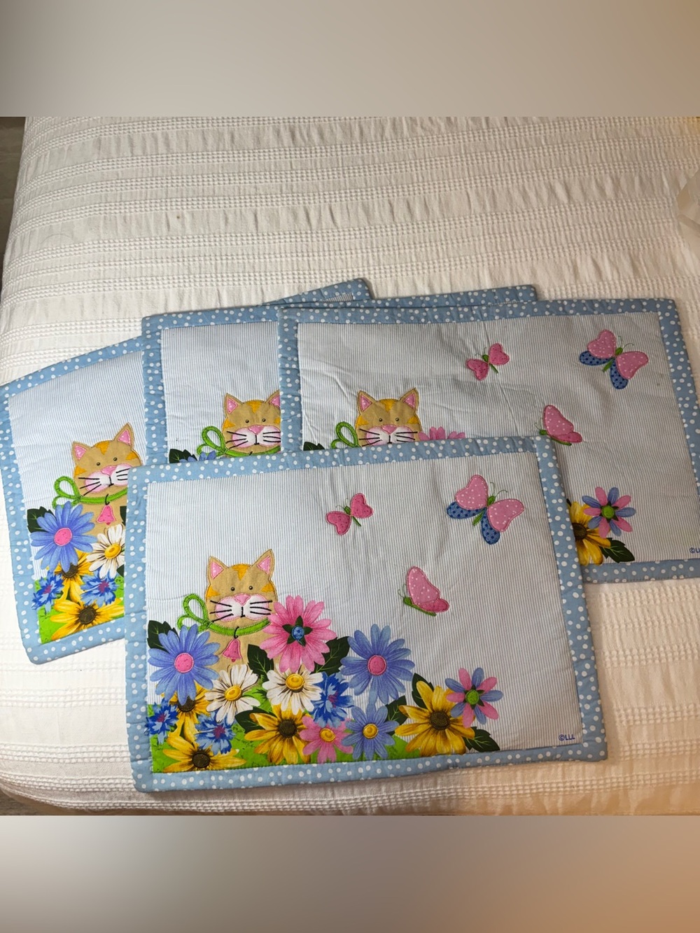 Vintage Blue Polka Dot Cat & Floral Placemat Set